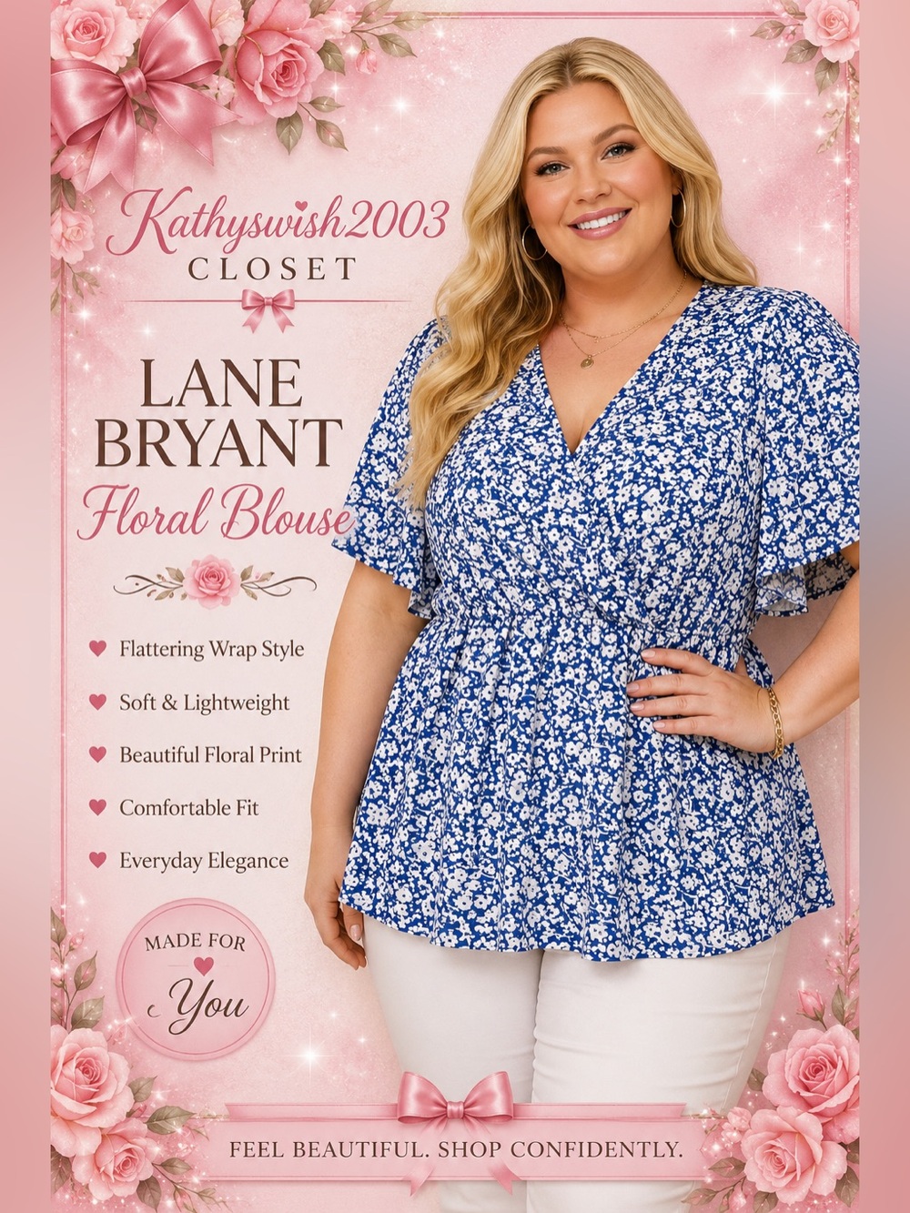 Lane Bryant Blue and White Floral Wrap-Style Peplum Top